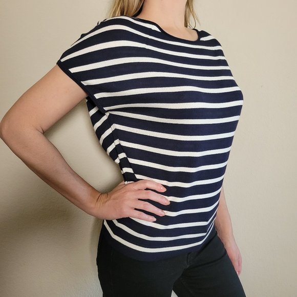 LOFT Top Womens Small Blue White Navy Stripe Cap Sleeve Sweater Shirt Blouse - Picture 8 of 8